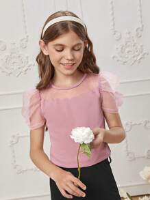 SHEIN Tween Girl Contrast Mesh Puff Sleeve Scallop Trim Tee - Dusty Pink - View 4