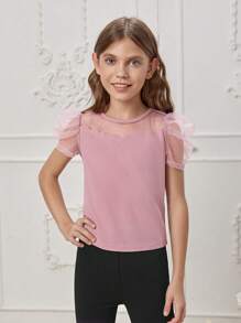 SHEIN Tween Girl Contrast Mesh Puff Sleeve Scallop Trim Tee - Dusty Pink - View 5