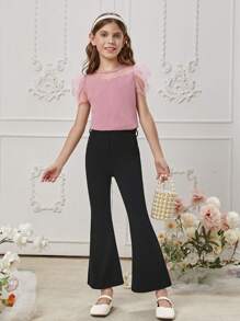 SHEIN Tween Girl Contrast Mesh Puff Sleeve Scallop Trim Tee - Dusty Pink - View 6