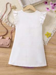 SHEIN Young Girl Figure & Letter Graphic Ruffle Trim Mesh Hem Dress - White - View 2