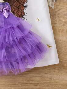 SHEIN Young Girl Figure & Letter Graphic Ruffle Trim Mesh Hem Dress - White - View 3