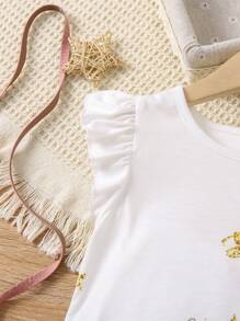 SHEIN Young Girl Figure & Letter Graphic Ruffle Trim Mesh Hem Dress - White - View 4