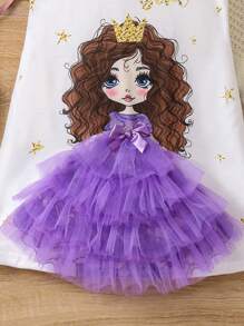 SHEIN Young Girl Figure & Letter Graphic Ruffle Trim Mesh Hem Dress - White - View 6