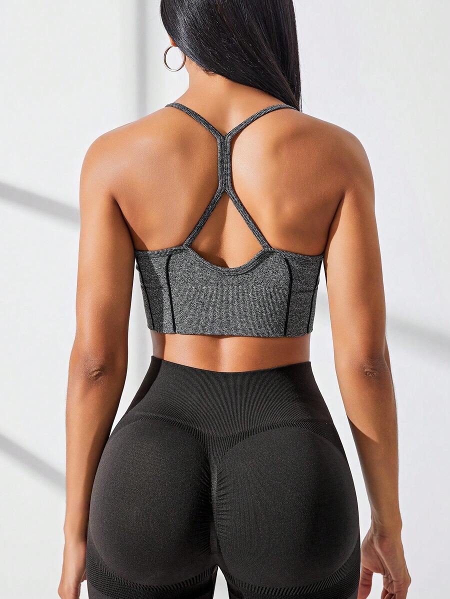 Space Dye Cut Out Back Sports Bra - Dark Grey - View 1