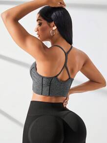 Space Dye Cut Out Back Sports Bra - Dark Grey - View 5