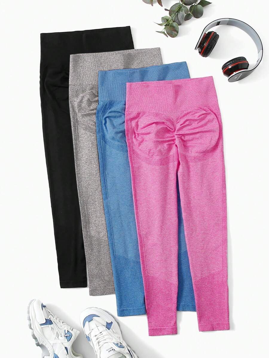 Yoga Basic 4入組無縫寬腰帶運動打底褲 - 彩色 - 查看 1