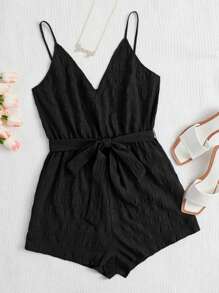 SHEIN VCAY 素色腰帶吊帶連體短褲 - 黑色 - 查看 1