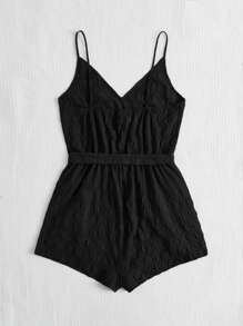 SHEIN VCAY 素色腰帶吊帶連體短褲 - 黑色 - 查看 2