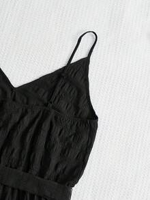 SHEIN VCAY 素色腰帶吊帶連體短褲 - 黑色 - 查看 4