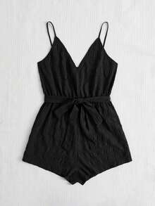 SHEIN VCAY 素色腰帶吊帶連體短褲 - 黑色 - 查看 5