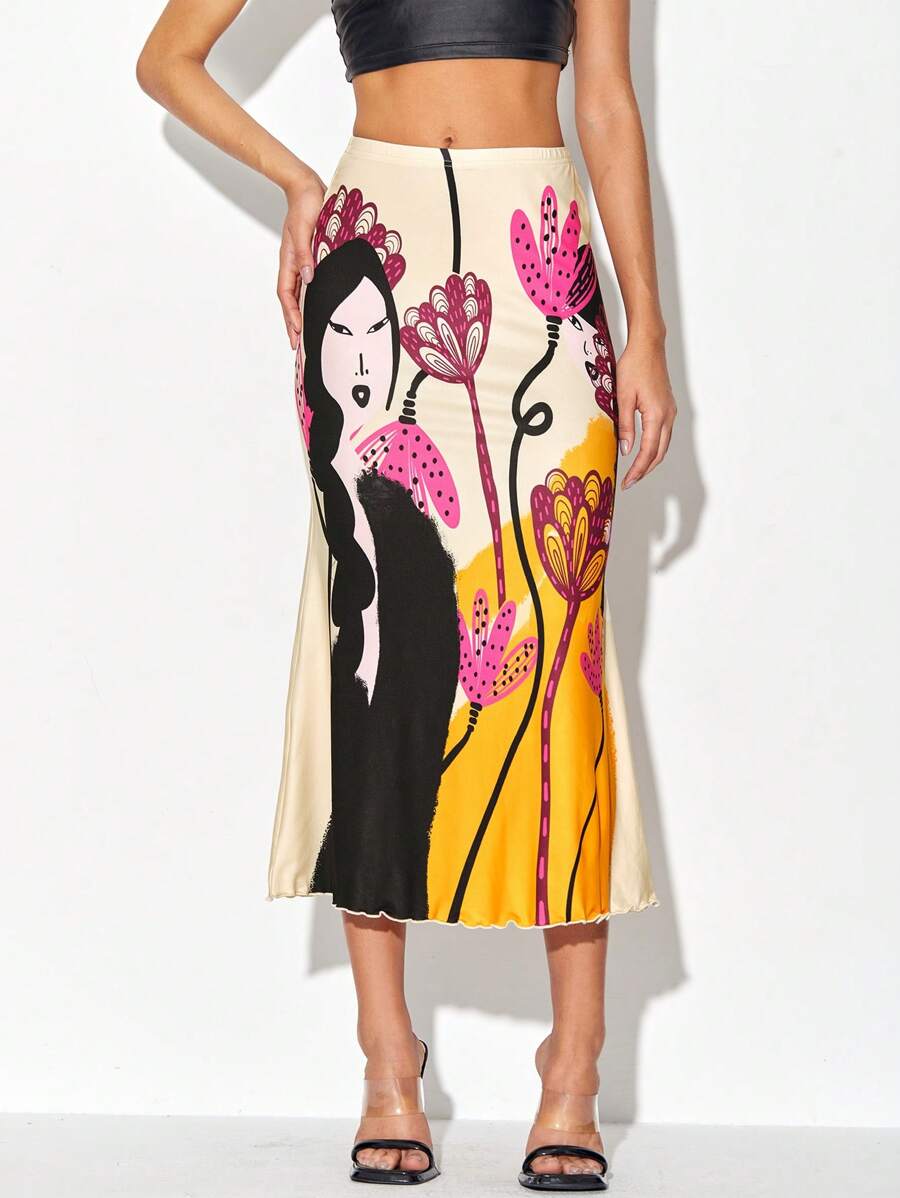 izzythewildland 艺术家度假图案生菜边美人鱼下摆优雅裙子，适合夏季、假日、派对、海滩、节日、伊比沙岛装扮、西方服饰 - 彩色 - 查看 1