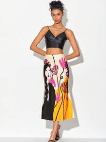 izzythewildland 艺术家度假图案生菜边美人鱼下摆优雅裙子，适合夏季、假日、派对、海滩、节日、伊比沙岛装扮、西方服饰 - 彩色 - 查看 3