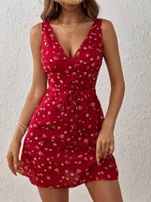 SHEIN VCAY Ditsy Floral Print V-Neck Sleeveless A-Line Spring Summer Women Beach Red Mini Dress - Red - View 1