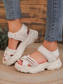 Fashionable Outdoor Sports Sandals For Women, Letter Graphic Hook-And-Loop Fastener Strap Sandals Valentines,Spring Summer Outfits - Beige - View 1