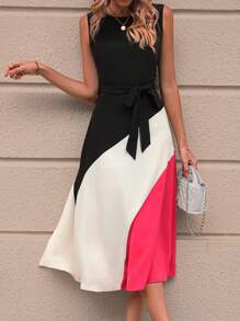 SHEIN LUNE Vestido con cinturón de color combinado - Negro - Ver 6