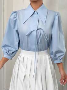 EastFlair Solid Button Front Shirt - Baby Blue - View 4