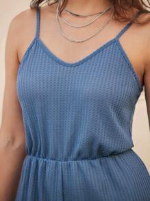 Muchica 素色華夫格編織吊帶連體短褲 - 霧霾藍 - 查看 6