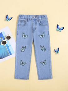 SHEIN 女小童蝴蝶圖案直筒牛仔褲 - 淺色水洗藍 - 查看 1