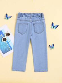 SHEIN 女小童蝴蝶圖案直筒牛仔褲 - 淺色水洗藍 - 查看 2