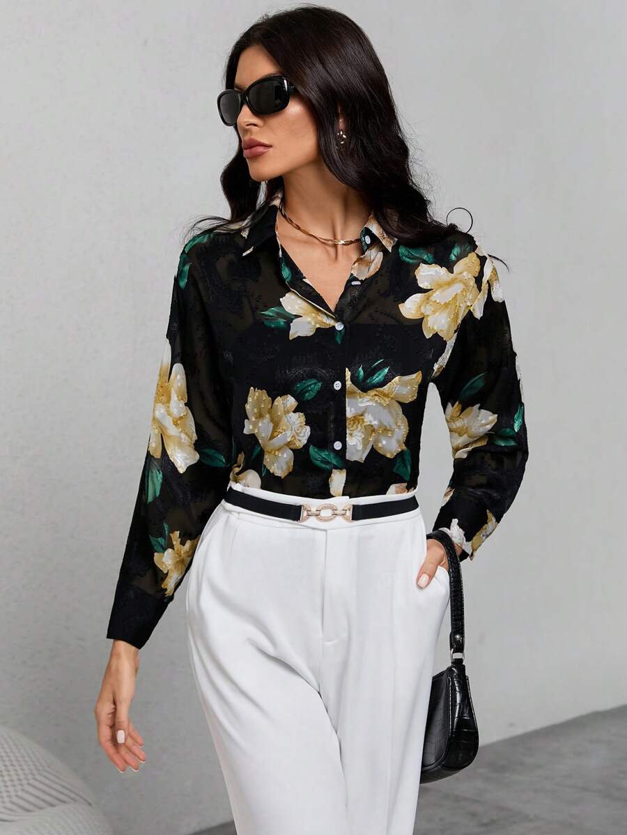 SHEIN Clasi Floral Print Button Front Shirt - Multicolor - View 1