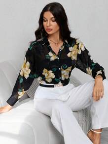 SHEIN Clasi Floral Print Button Front Shirt - Multicolor - View 3