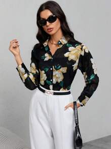 SHEIN Clasi Floral Print Button Front Shirt - Multicolor - View 5