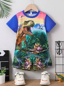 SHEIN 男小童恐龍印花T恤和短褲 - 彩色 - 查看 1