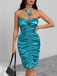 Aveloria 3d Rose Ruched Backless Satin Dress - Teal Blue - View 6