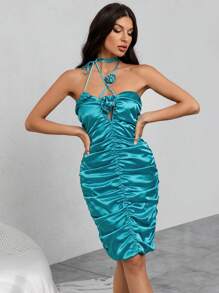 Aveloria 3d Rose Ruched Backless Satin Dress - Teal Blue - View 3