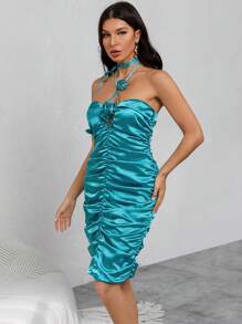 Aveloria 3d Rose Ruched Backless Satin Dress - Teal Blue - View 4
