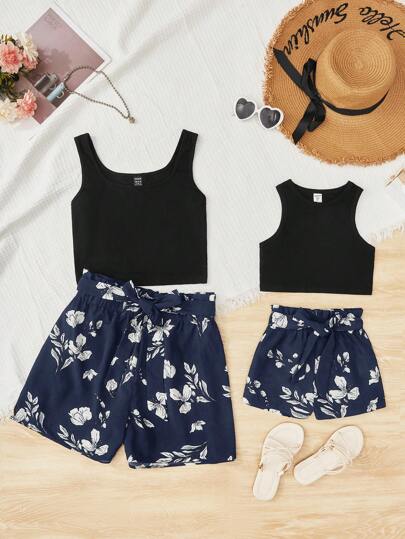 SHEIN 女小童1入組印花紙袋腰附腰帶短褲