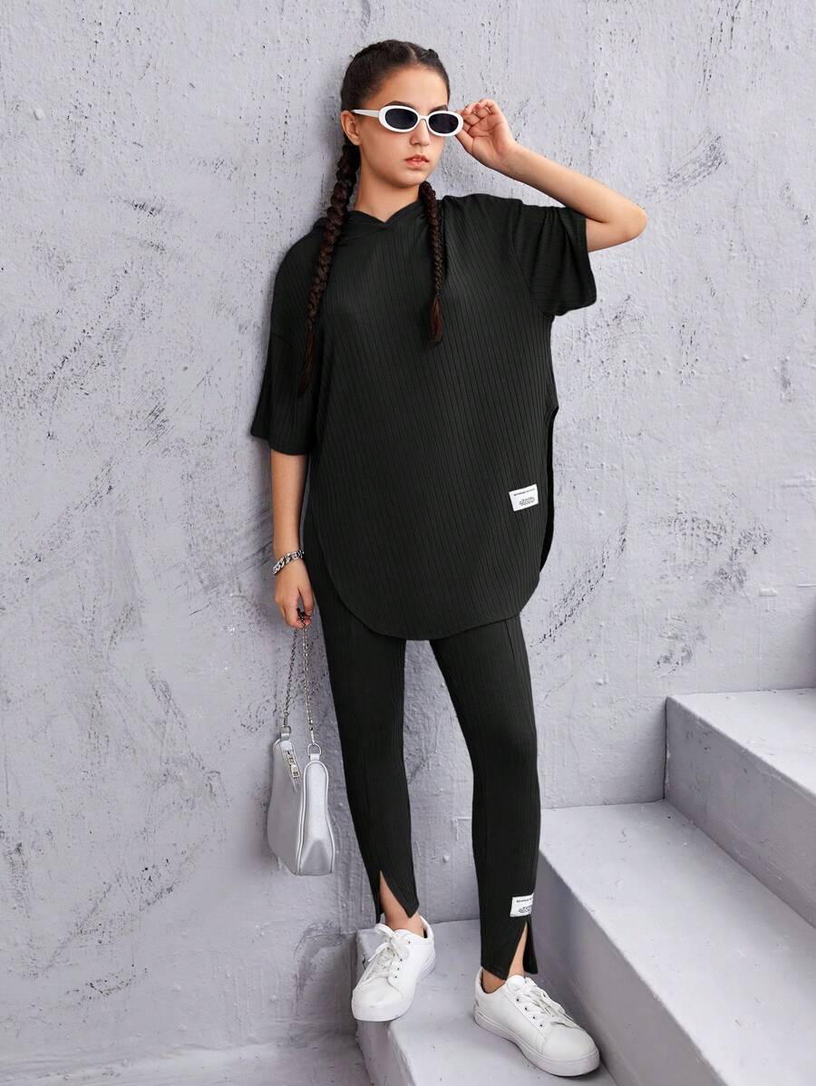 SHEIN 青少年女孩字母貼布連帽T恤和下擺開叉緊身打底褲 - 黑色 - 查看 1