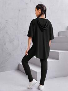 SHEIN 青少年女孩字母貼布連帽T恤和下擺開叉緊身打底褲 - 黑色 - 查看 2