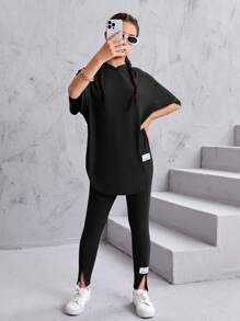 SHEIN 青少年女孩字母貼布連帽T恤和下擺開叉緊身打底褲 - 黑色 - 查看 3
