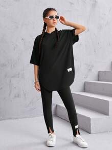 SHEIN 青少年女孩字母貼布連帽T恤和下擺開叉緊身打底褲 - 黑色 - 查看 7