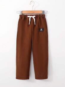 SHEIN Young Boy Letter Patched Detail Knot Front Pants - Brown - View 1