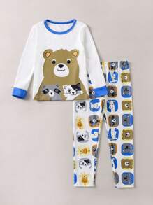 Young Boy Cartoon Graphic Contrast Binding Snug Fit PJ Set - Multicolor - View 1