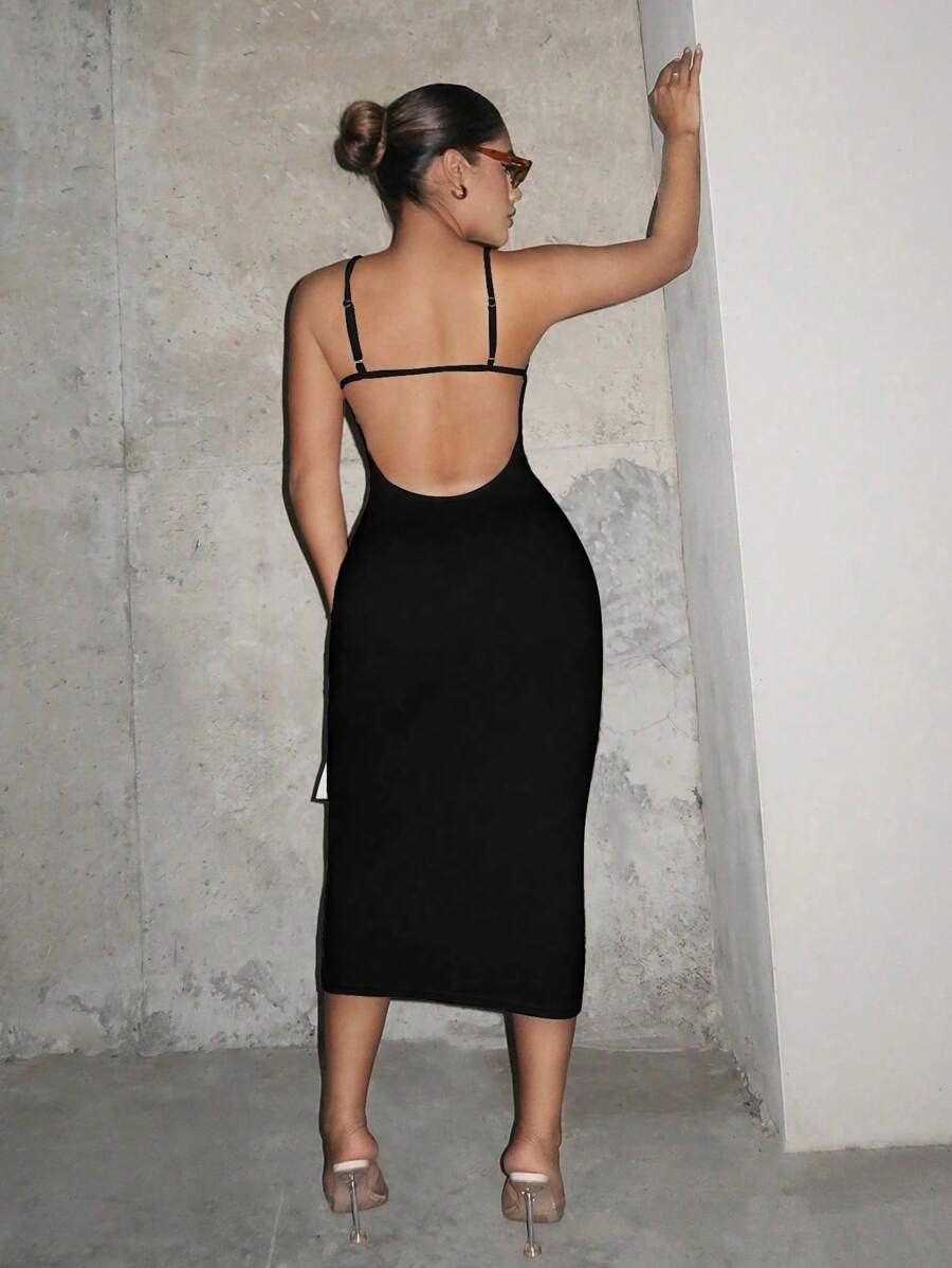 SHEIN SXY Đầm Lộ Lưng Cắt ra màu trơn Gợi cảm - màu đen - Xem 1