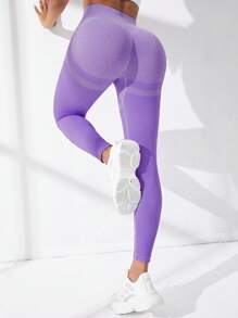 Yoga Basic 寬腰帶運動打底褲 - 紫色 - 查看 4