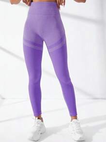 Yoga Basic 寬腰帶運動打底褲 - 紫色 - 查看 6