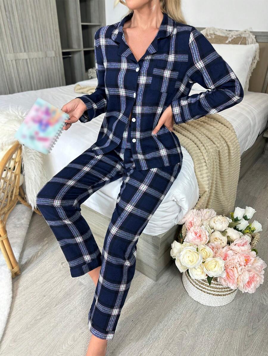 SHEIN Conjunto de pijama con estampado de cuadros - Azul - Ver 1