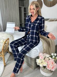 SHEIN Conjunto de pijama con estampado de cuadros - Azul - Ver 6
