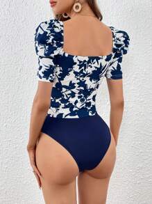 SHEIN VCAY 印花雞心領口泡泡袖連身背心 - 藍白色 - 查看 2