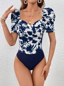 SHEIN VCAY 印花雞心領口泡泡袖連身背心 - 藍白色 - 查看 4