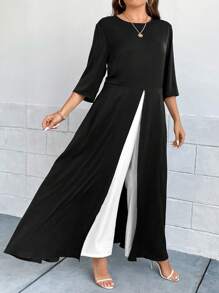 SHEIN Clasi Plus Two Tone Split Hem Jumpsuit - Black and White - View 1