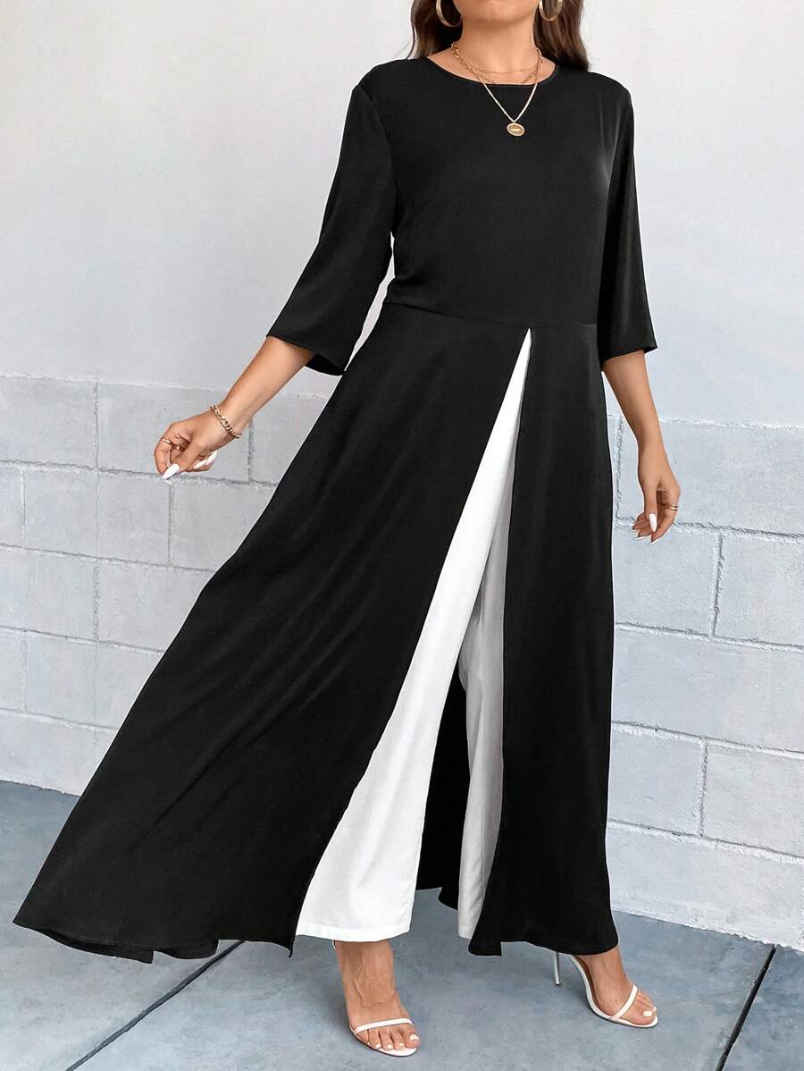 SHEIN Clasi Plus Two Tone Split Hem Jumpsuit - Black and White - View 1