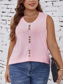 SHEIN LUNE Plus Eyelet Embroidery Button Front Tank Top - Pink - View 1