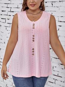SHEIN LUNE Plus Eyelet Embroidery Button Front Tank Top - Pink - View 4