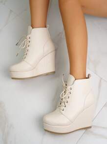 planare 女士白色系带坡跟靴，舒适厚底设计，轻松打造时尚造型，秋冬季必备 - 米色 - 查看 6