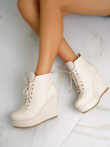 planare 女士白色系带坡跟靴，舒适厚底设计，轻松打造时尚造型，秋冬季必备 - 米色 - 查看 7